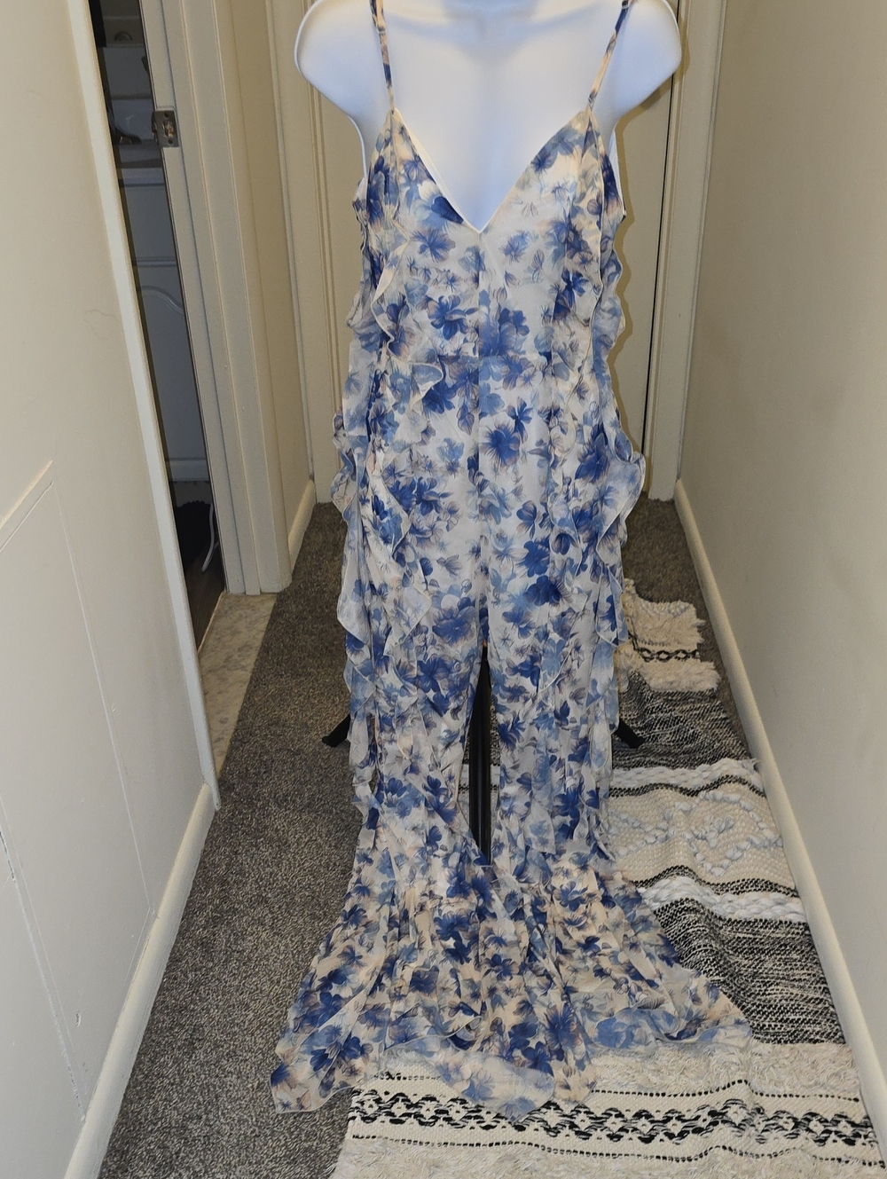 Blue Floral Ruffle Spaghetti-Strap Wide-Leg Jumpsuit